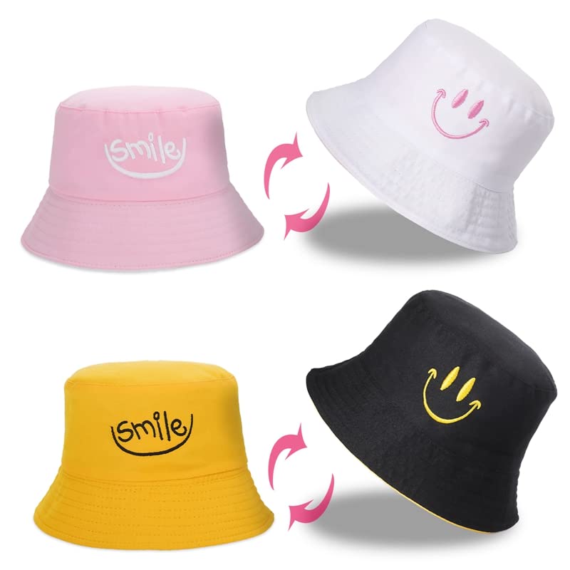 Fanshiontide 2 Pieces Bucket Hat Women Men Foldable Double-Sided Cotton Sun Beach Cap,Lovely Smile Summer Fisherman's Hats Casual Sun Hat for Women Men Holidays Camping Fishing