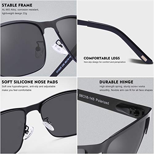 Carfia Polarized Sunglasses Man Metal Square Frame 100%UV400 Protection for Driving, One Size, Black Frame With Grey Lens