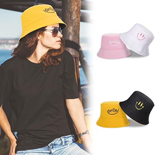Fanshiontide 2 Pieces Bucket Hat Women Men Foldable Double-Sided Cotton Sun Beach Cap,Lovely Smile Summer Fisherman's Hats Casual Sun Hat for Women Men Holidays Camping Fishing