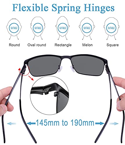 Carfia Polarized Sunglasses Man Metal Square Frame 100%UV400 Protection for Driving, One Size, Black Frame With Grey Lens