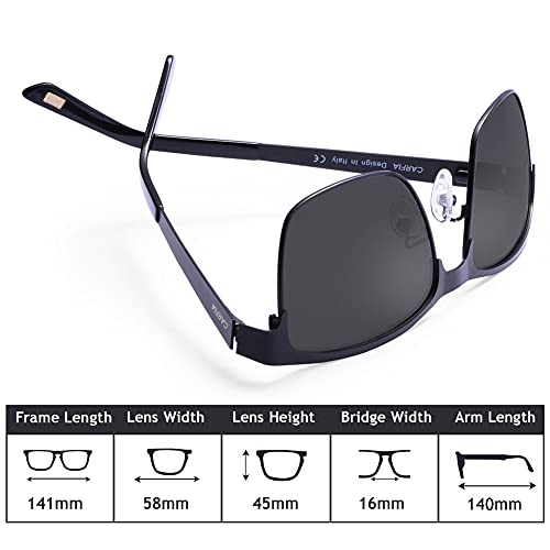 Carfia Polarized Sunglasses Man Metal Square Frame 100%UV400 Protection for Driving, One Size, Black Frame With Grey Lens