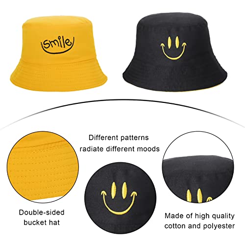 Fanshiontide 2 Pieces Bucket Hat Women Men Foldable Double-Sided Cotton Sun Beach Cap,Lovely Smile Summer Fisherman's Hats Casual Sun Hat for Women Men Holidays Camping Fishing