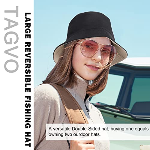 TAGVO XX-Large Bucket Hat Unisex Big Reversible Cotton Fisherman Hats Double Sided Bucket Sun Hats Cap for Holidays Fishing Hiking Black-Beige