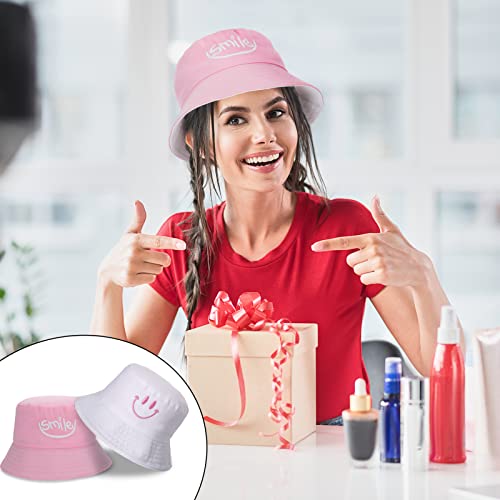 Fanshiontide 2 Pieces Bucket Hat Women Men Foldable Double-Sided Cotton Sun Beach Cap,Lovely Smile Summer Fisherman's Hats Casual Sun Hat for Women Men Holidays Camping Fishing