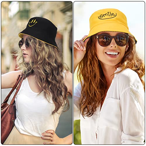 Fanshiontide 2 Pieces Bucket Hat Women Men Foldable Double-Sided Cotton Sun Beach Cap,Lovely Smile Summer Fisherman's Hats Casual Sun Hat for Women Men Holidays Camping Fishing