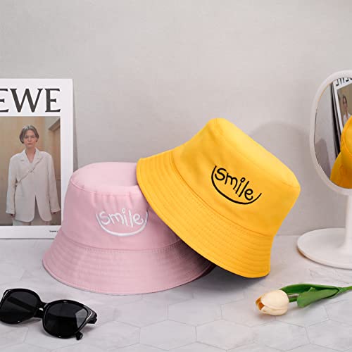 Fanshiontide 2 Pieces Bucket Hat Women Men Foldable Double-Sided Cotton Sun Beach Cap,Lovely Smile Summer Fisherman's Hats Casual Sun Hat for Women Men Holidays Camping Fishing