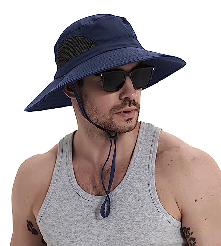 Wmcaps Sun Hats, Wide Brim UPF 50+ Sun Hats for Men Summer Beach Safari Hat UV Protection, Foldable Fishsing Walking Hiking Boonie Hat with Breathable Mesh and Adjustable Chin Stra (Navy Blue)