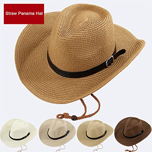 Unisex Straw Sun Hat Panama Hat Summer Fedora Trilby Hat Safari Beach Hat Foldable West Cowboy Hat Sun UV Protection Hat Wide Brim Straw Bucket Hat with Adjustable Chin Strap for Men Women