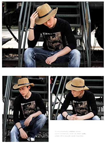 Unisex Straw Sun Hat Panama Hat Summer Fedora Trilby Hat Safari Beach Hat Foldable West Cowboy Hat Sun UV Protection Hat Wide Brim Straw Bucket Hat with Adjustable Chin Strap for Men Women