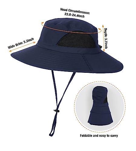 Wmcaps Sun Hats, Wide Brim UPF 50+ Sun Hats for Men Summer Beach Safari Hat UV Protection, Foldable Fishsing Walking Hiking Boonie Hat with Breathable Mesh and Adjustable Chin Stra (Navy Blue)