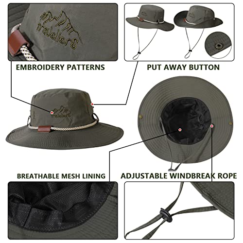 TAGVO Boonie Hat Fishing Hat for men, Foldable Cowboy Style Bucket Hat Sun Hat UV Protection Wide Brim Bucket Cap Adjustable Chin Strap Breathable Safari Hat Jungle Hat For Fishing Camping Hiking