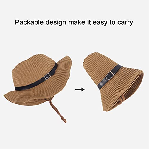 Unisex Straw Sun Hat Panama Hat Summer Fedora Trilby Hat Safari Beach Hat Foldable West Cowboy Hat Sun UV Protection Hat Wide Brim Straw Bucket Hat with Adjustable Chin Strap for Men Women