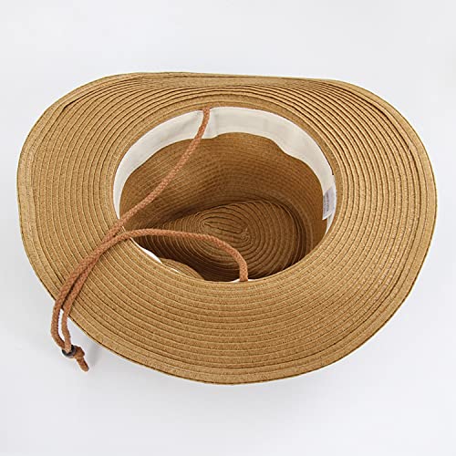 Unisex Straw Sun Hat Panama Hat Summer Fedora Trilby Hat Safari Beach Hat Foldable West Cowboy Hat Sun UV Protection Hat Wide Brim Straw Bucket Hat with Adjustable Chin Strap for Men Women