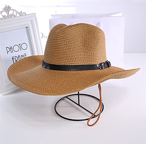 Unisex Straw Sun Hat Panama Hat Summer Fedora Trilby Hat Safari Beach Hat Foldable West Cowboy Hat Sun UV Protection Hat Wide Brim Straw Bucket Hat with Adjustable Chin Strap for Men Women
