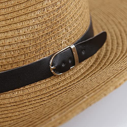 Unisex Straw Sun Hat Panama Hat Summer Fedora Trilby Hat Safari Beach Hat Foldable West Cowboy Hat Sun UV Protection Hat Wide Brim Straw Bucket Hat with Adjustable Chin Strap for Men Women