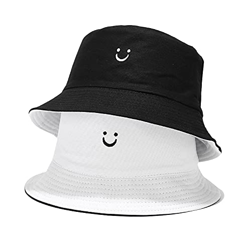 Umeepar Reversible Embroidered Bucket Hat Packable Beach Sun Hat for Women Men (Smile Face White/Black)