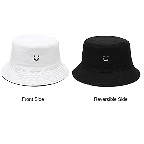 Umeepar Reversible Embroidered Bucket Hat Packable Beach Sun Hat for Women Men (Smile Face White/Black)