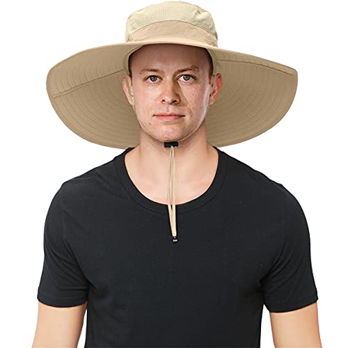 Mens Super Wide Brim Sun Hat UPF50+ UV Protection Waterproof Large Brim Bucket Hat for Fishing Hiking Camping (Khaki)