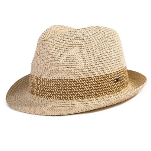 Comhats Mens Fedora Trilby Straw Sun Hats Summer Panama Beach Sunhats for Men Foldable Short Brim Golf Hats Beige L XL 58-60CM