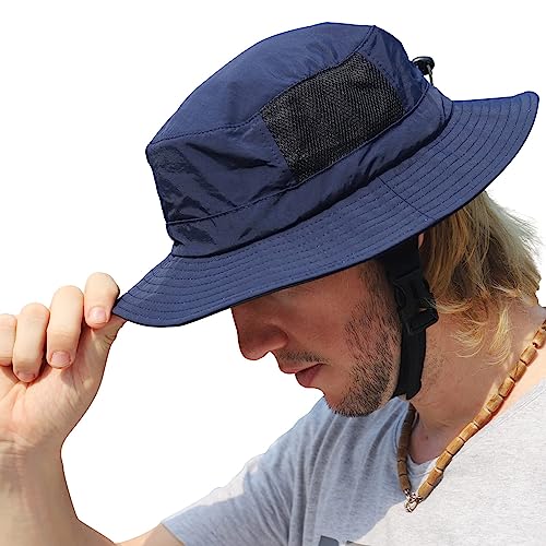 Huakunda Mens Sun Hat UPF50+ Wide Brim Beach Hat Quick-Dry Outdoors Adjustable Chin Strap Bucket Fishing Hats for Surfing Boating (Dark Blue)