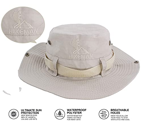 HIKEMAN Fishing Hats for Men and Women, Adjustable Chin Strap and Breathable Ventilation Holes，Foldable UV Protection Sun Hats Designed for Summer, Pool,Hiking, Camping, Travel，Beach (Medium, Beige)