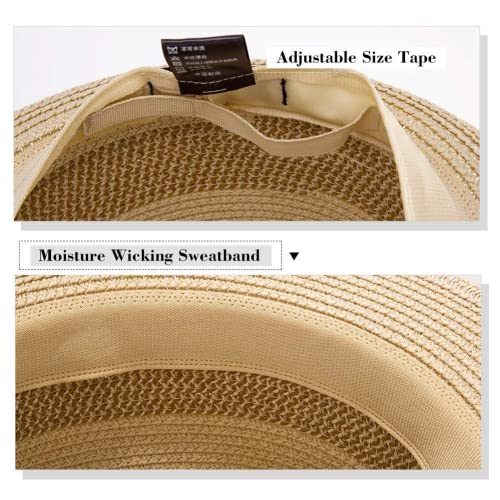 Comhats Mens Fedora Trilby Straw Sun Hats Summer Panama Beach Sunhats for Men Foldable Short Brim Golf Hats Beige L XL 58-60CM