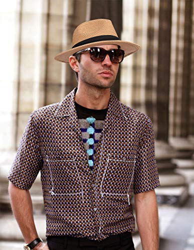 Maylisacc Summer Panama Hat for Men Foldable, Foldable Wide Brimmed Straw Sun Hats with Black Band Adjustable UV Protection, Khaki