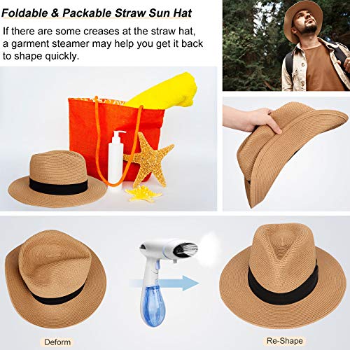 Maylisacc Summer Panama Hat for Men Foldable, Foldable Wide Brimmed Straw Sun Hats with Black Band Adjustable UV Protection, Khaki
