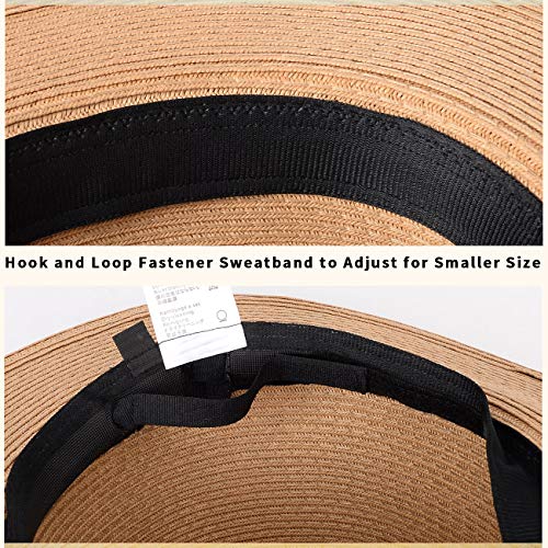 Maylisacc Summer Panama Hat for Men Foldable, Foldable Wide Brimmed Straw Sun Hats with Black Band Adjustable UV Protection, Khaki