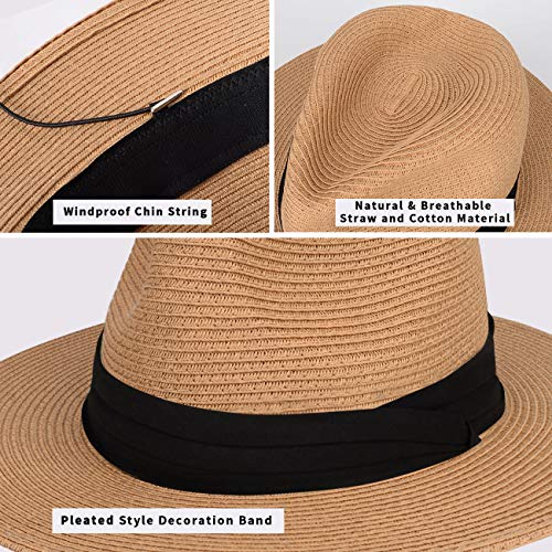 Maylisacc Summer Panama Hat for Men Foldable, Foldable Wide Brimmed Straw Sun Hats with Black Band Adjustable UV Protection, Khaki