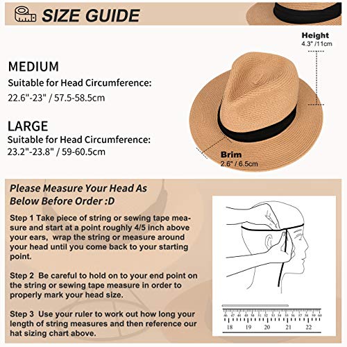Maylisacc Summer Panama Hat for Men Foldable, Foldable Wide Brimmed Straw Sun Hats with Black Band Adjustable UV Protection, Khaki