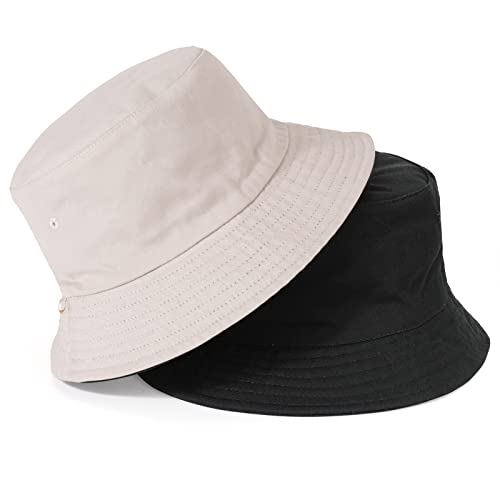 TAGVO Bucket Hat Unisex Big Reversible Cotton Fisherman Sun Cap Double Sided Hat for Holidays Fishing Hiking 60-66cm Black-Beige