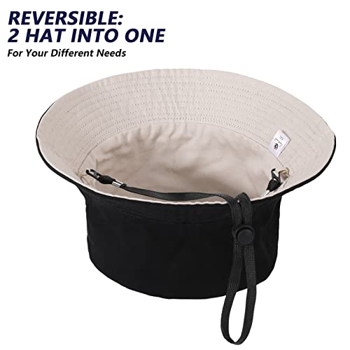 TAGVO Bucket Hat Unisex Big Reversible Cotton Fisherman Sun Cap Double Sided Hat for Holidays Fishing Hiking 60-66cm Black-Beige