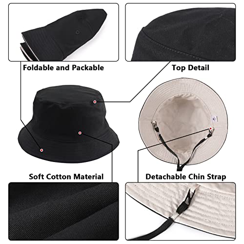 TAGVO Bucket Hat Unisex Big Reversible Cotton Fisherman Sun Cap Double Sided Hat for Holidays Fishing Hiking 60-66cm Black-Beige