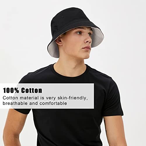 TAGVO Bucket Hat Unisex Big Reversible Cotton Fisherman Sun Cap Double Sided Hat for Holidays Fishing Hiking 60-66cm Black-Beige