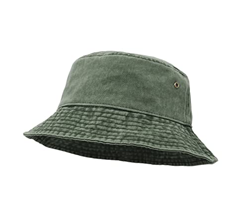UltraKey Bucket Hat, Wide Brim Washed Denim Cotton Outdoor Sun Hat Flat Top Cap for Fishing Hiking Beach Sports Army Green