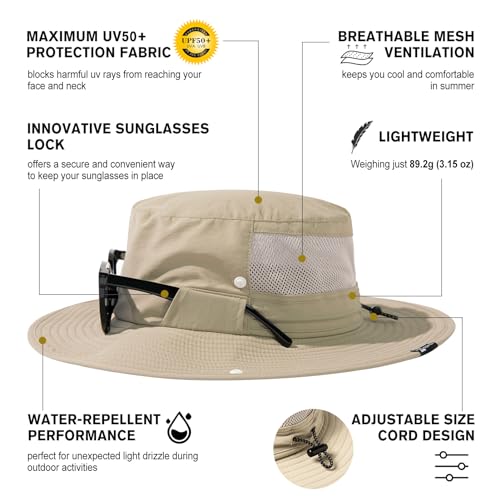 TOP-EX UPF 50 Wide Brim Sun Hat with Sunglasses Lock - Waterproof, Lightweight & Breathable - Men & Women's Summer Bucket Hat for Fishing, Hiking Packable & Windproof Outdoor Cap Beige M/L