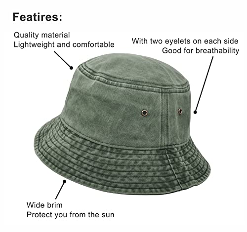 UltraKey Bucket Hat, Wide Brim Washed Denim Cotton Outdoor Sun Hat Flat Top Cap for Fishing Hiking Beach Sports Army Green