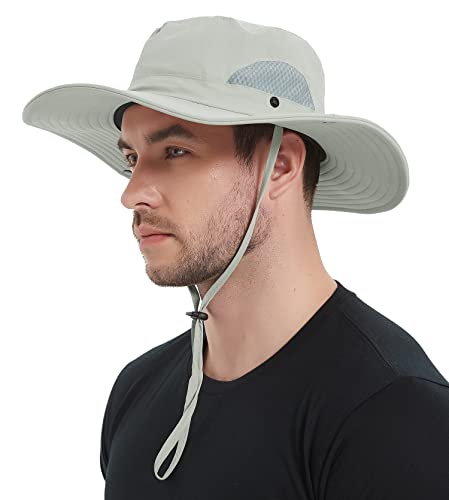 Wmcaps Sun Hats for Men, Wide Brim UPF 50 Sun Hats Summer Mesh UV Protection Beach Safari Hat, Fishing Walking Hiking Boonie Hat with Adjustable Chin Strap Waterproof Breathable (Light Grey)