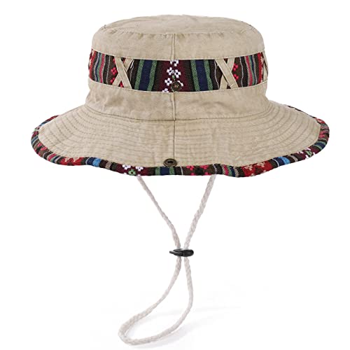 MengPa Men Summer Sun Hats Bucket Hat Beach Boonie Hat Foldable Fishsing Hat for Women (Pattern-Khaki) EU3129A