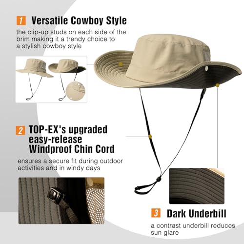 TOP-EX UPF 50 Wide Brim Sun Hat with Sunglasses Lock - Waterproof, Lightweight & Breathable - Men & Women's Summer Bucket Hat for Fishing, Hiking Packable & Windproof Outdoor Cap Beige M/L