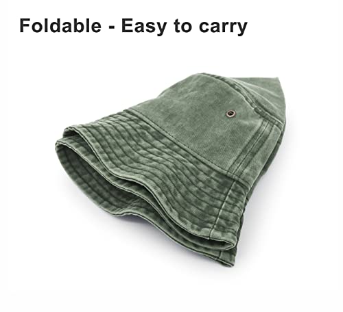 UltraKey Bucket Hat, Wide Brim Washed Denim Cotton Outdoor Sun Hat Flat Top Cap for Fishing Hiking Beach Sports Army Green