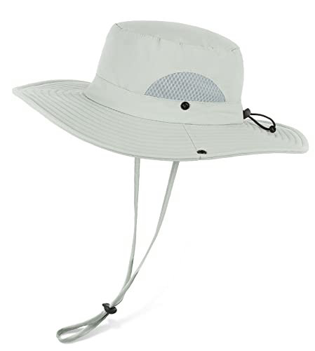 Wmcaps Sun Hats for Men, Wide Brim UPF 50 Sun Hats Summer Mesh UV Protection Beach Safari Hat, Fishing Walking Hiking Boonie Hat with Adjustable Chin Strap Waterproof Breathable (Light Grey)