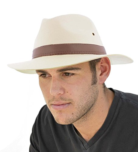 Dannii Matthews Stylish Men's Cotton Fedora with Brown Faux Leather Band, Natural, 58cm