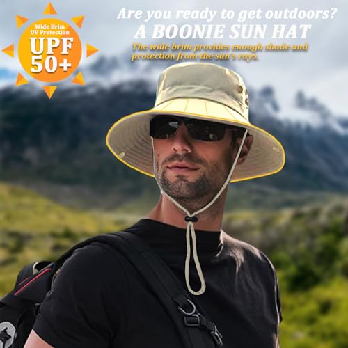 Favuit Sun Hats Safari Hat UV Protection Wide Brim Summer Hat Cotton Foldable Fishing Hiking Cap Breathable Cowboy Style Boonie Hat for Men Women Outdoor (Beige)