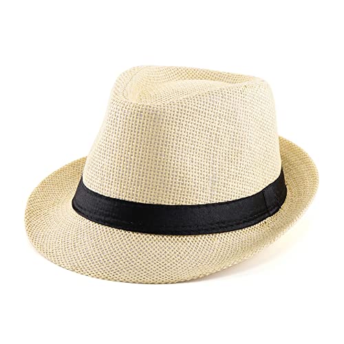 Faletony Unisex Fedora Hat Trilby Straw Hats Summer Panama Beach Sun Cap,Beige