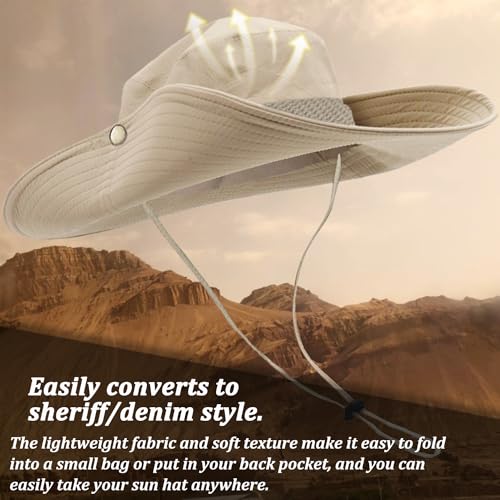 Favuit Sun Hats Safari Hat UV Protection Wide Brim Summer Hat Cotton Foldable Fishing Hiking Cap Breathable Cowboy Style Boonie Hat for Men Women Outdoor (Beige)