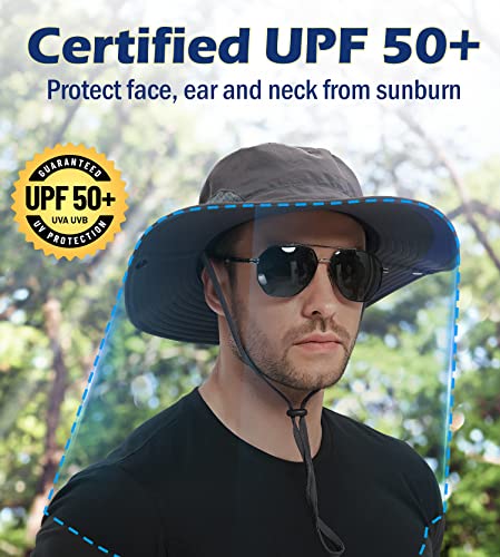 Wmcaps Sun Hats for Men, Wide Brim UPF 50 Sun Hats Summer Mesh UV Protection Beach Safari Hat, Fishing Walking Hiking Boonie Hat with Adjustable Chin Strap Waterproof Breathable (Light Grey)