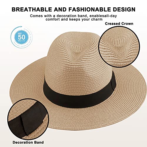 Maylisacc Wide Brim Panama Hat Sun Hats Unisex Straw Summer Hat for Women Men Beige SZ