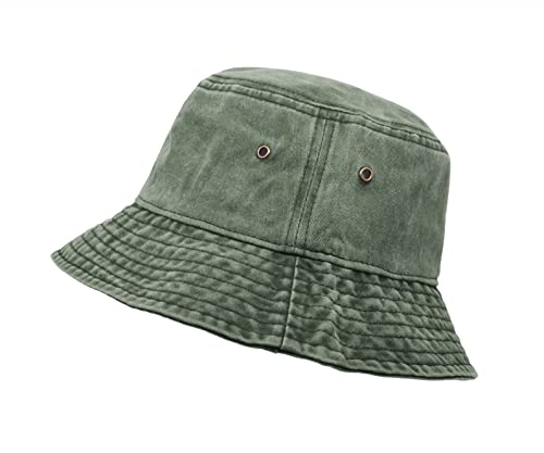 UltraKey Bucket Hat, Wide Brim Washed Denim Cotton Outdoor Sun Hat Flat Top Cap for Fishing Hiking Beach Sports Army Green